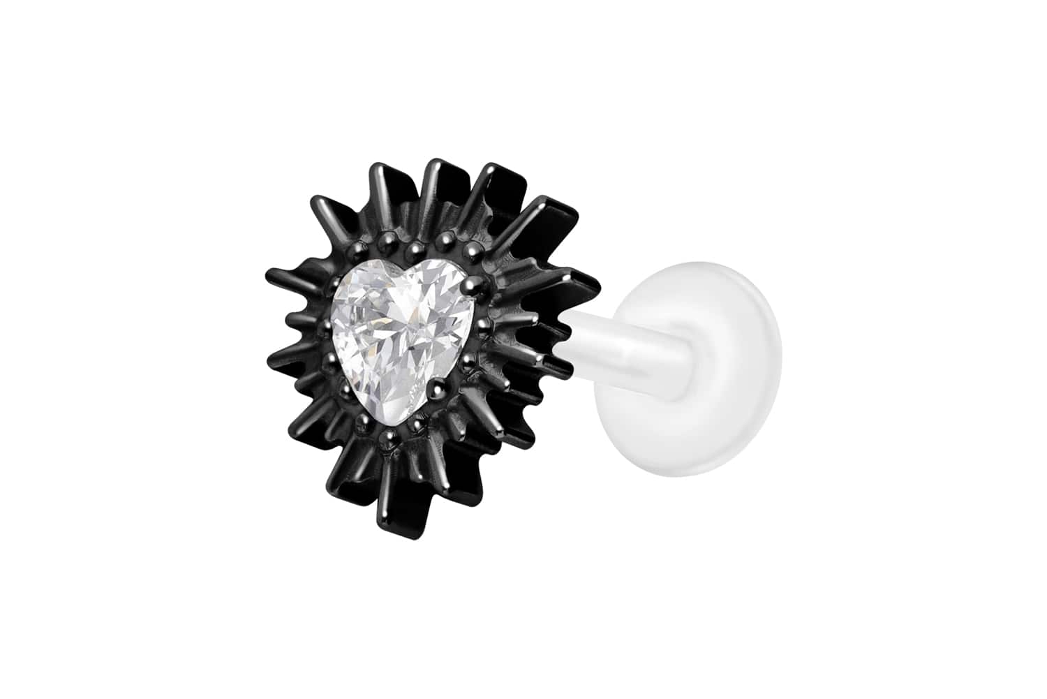 PTFE Labret Piercing mit Innengewinde + Titan-Aufsatz KRISTALLHERZ + SONNENSTRAHLEN